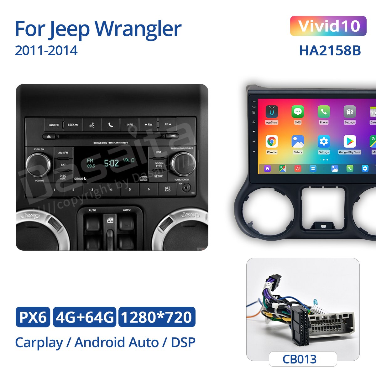 Dasaita Vivid for Jeep Wrangler Radio 2011-2016 Car audio Android Auto Multimedia android Apple Carplay Navigation GPS 4G 64G