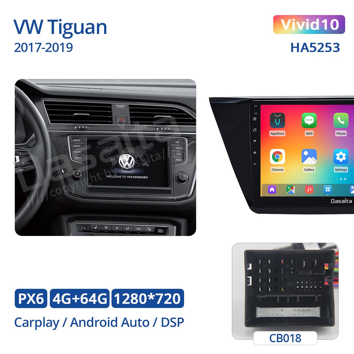 Dasaita Vivid for VW Tiguan 2017 2018 2019 Unit Car Radio Carplay Android Auto Video Player Navigation GPS 1280*720 4G 64G