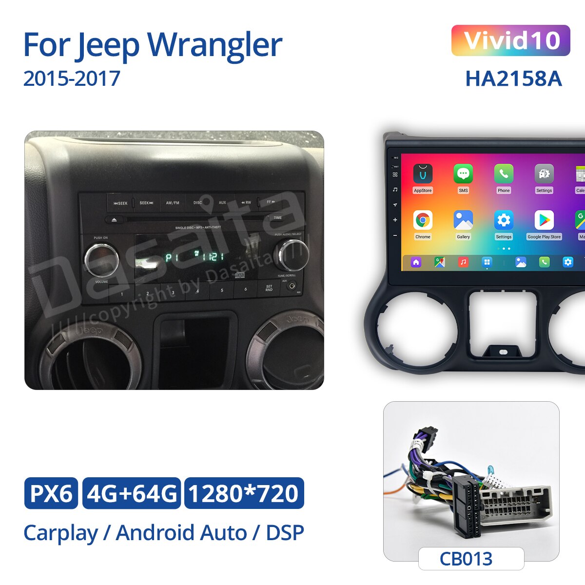 Dasaita Vivid for Jeep Wrangler Radio 2011-2016 Car audio Android Auto Multimedia android Apple Carplay Navigation GPS 4G 64G