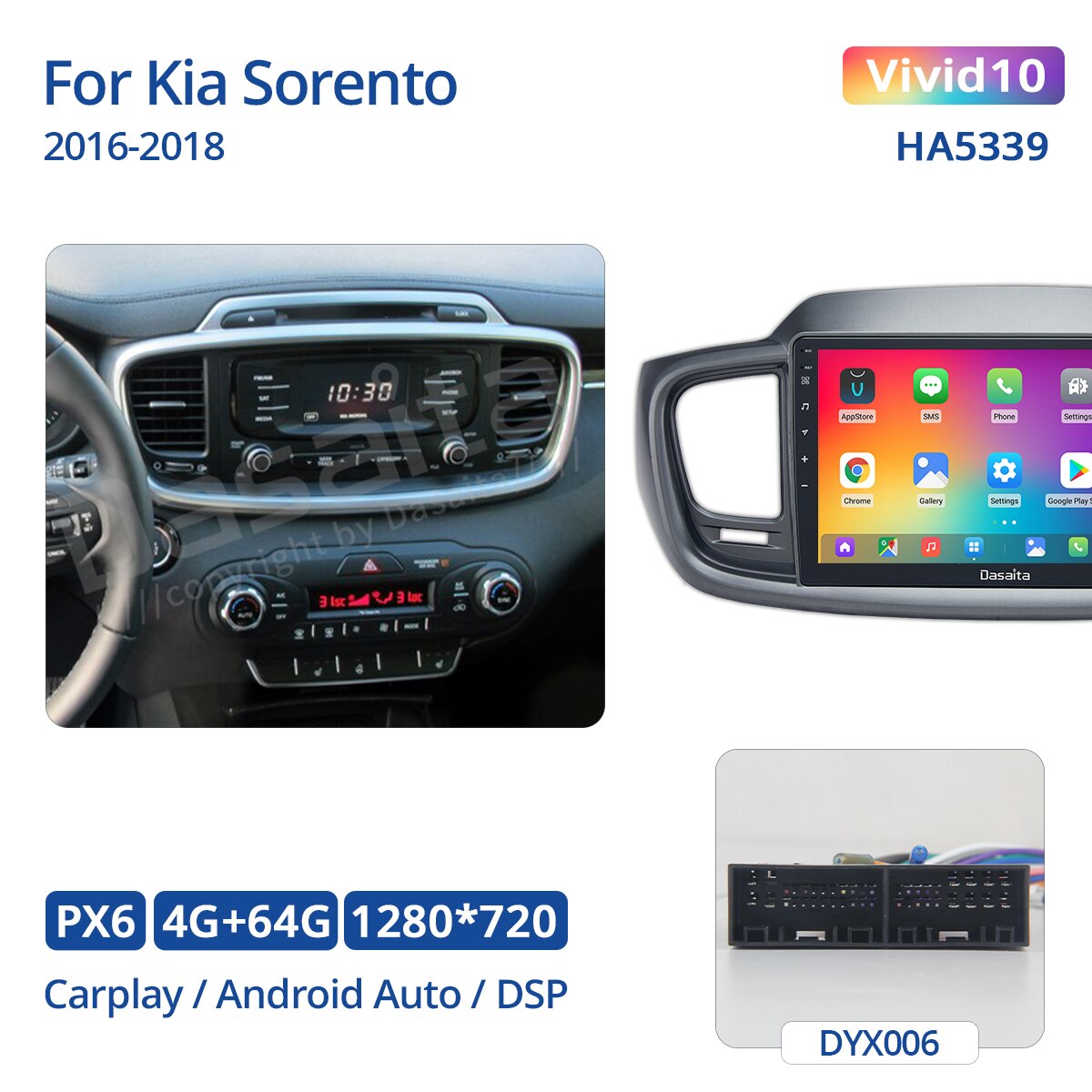 Dasaita Vivid for Kia Sorento 2014 2015 Car Radio 10.2" Android 10.0 Auto Stereo with GPS Carplay 1280*720 Touch 4GB+64GB 1 Din