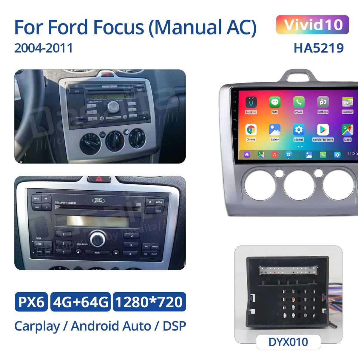 Dasaita Vivid For Ford Focus (Manual AC) 2004-2011 car radio Android 10 Apple Carplay Android Auto Navigation GPS 4G RAM 64G ROM