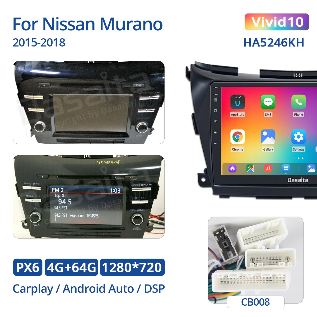 Dasaita 10.2" 1 Din Car Radio for Nissan Murano Z52 GPS 2015 2016 2017 2018 Android 10 GPS Navigation with DSP Carplay
