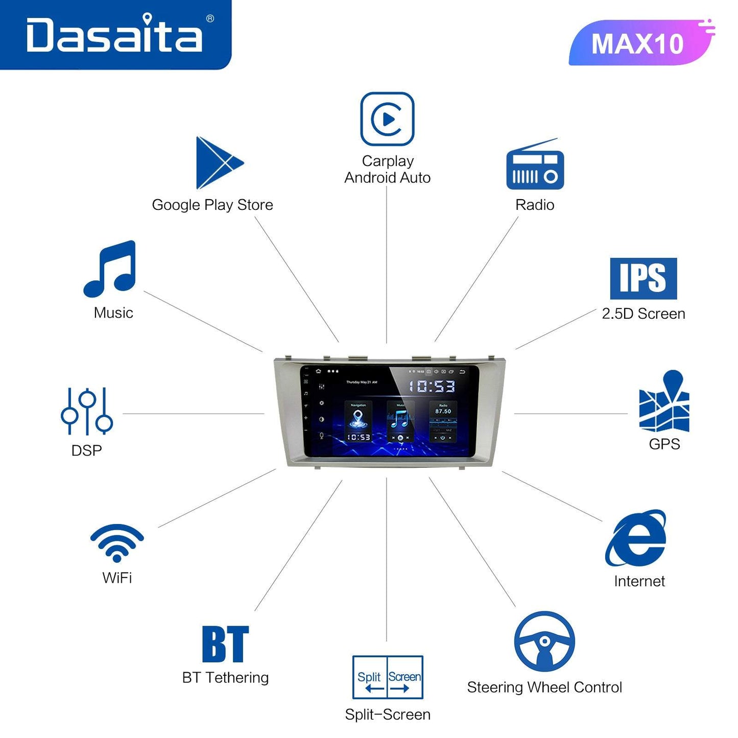 Dasaita MAX10/MAX11 Toyota Camry 2007 2008 2009 2010 2011 Car Stereo 9 Inch Carplay Android Auto PX6 4G+64G Android10/Android11 1280*720 DSP AHD Radio