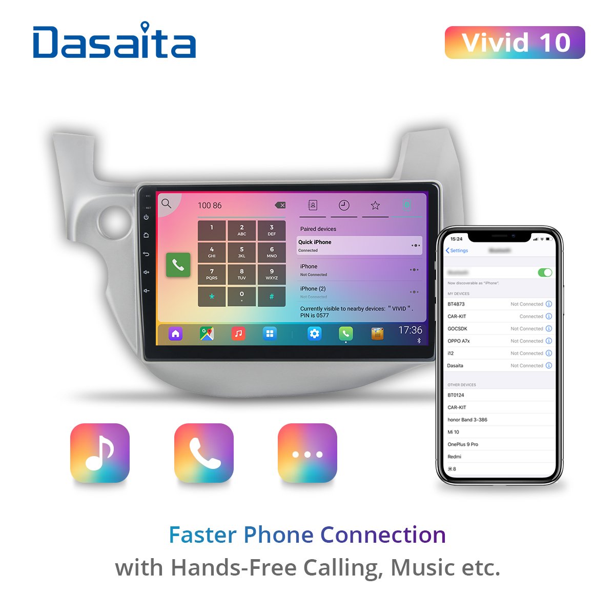 Dasaita Vivid for Honda Jazz Fit 2008 2009 2010 2011 2012 Car Android 10 1din Radio 10.2" IPS GPS MP3 1280*720 HDMI 4G 64G ROM