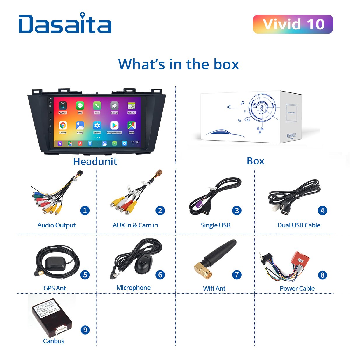 Dasaita Vivid for Mazda 5 2011 2012 2013 2014 Car Autoradio 1 Din Android 10.0 Navigation 9" Multi Touch Screen GPS DSP TDA7850