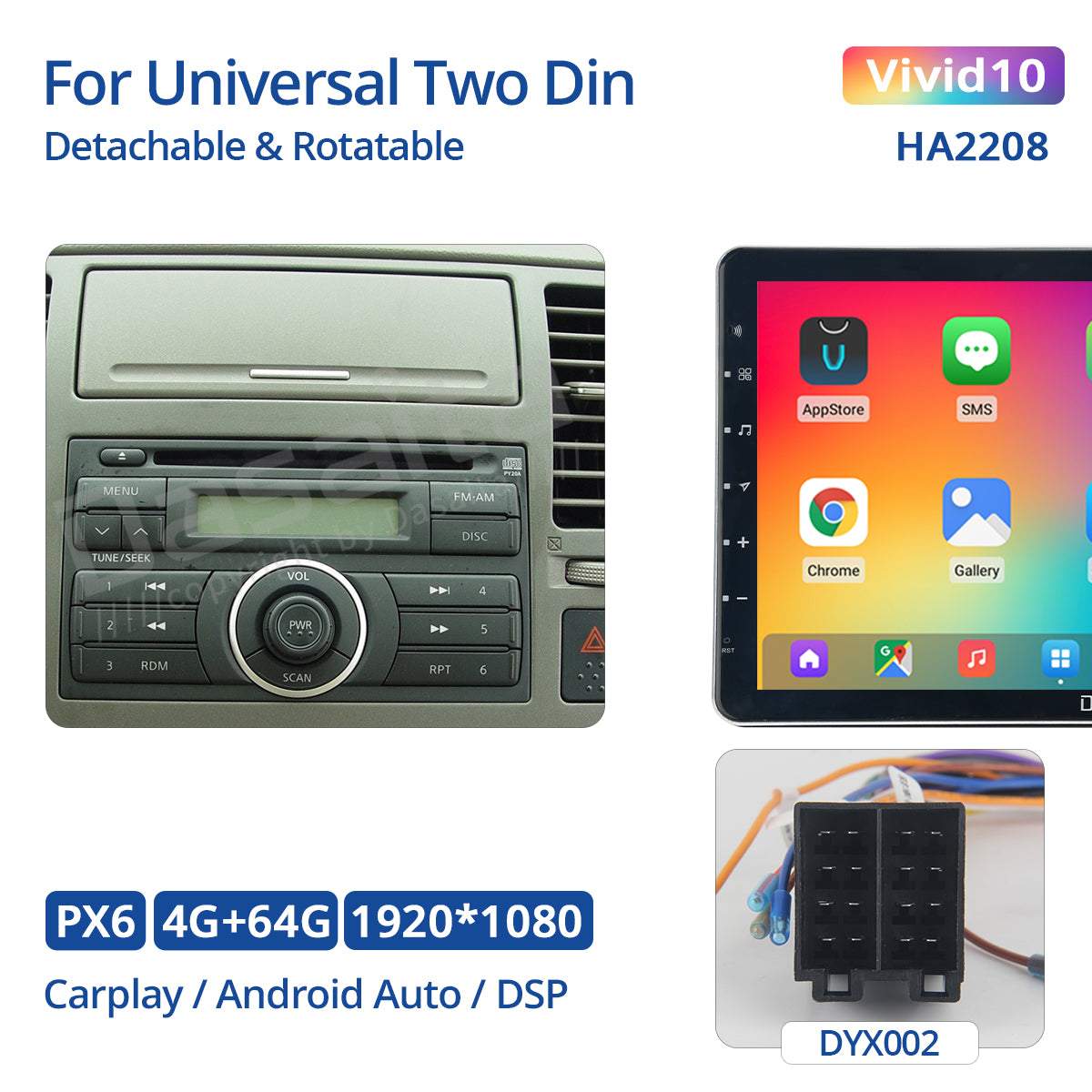 Dasaita Vivid11 Universal Double Din Car Stereo 13.3Inch Carplay Android Auto PX6 4G+64G Android11 1920*1080 DSP AHD Radio