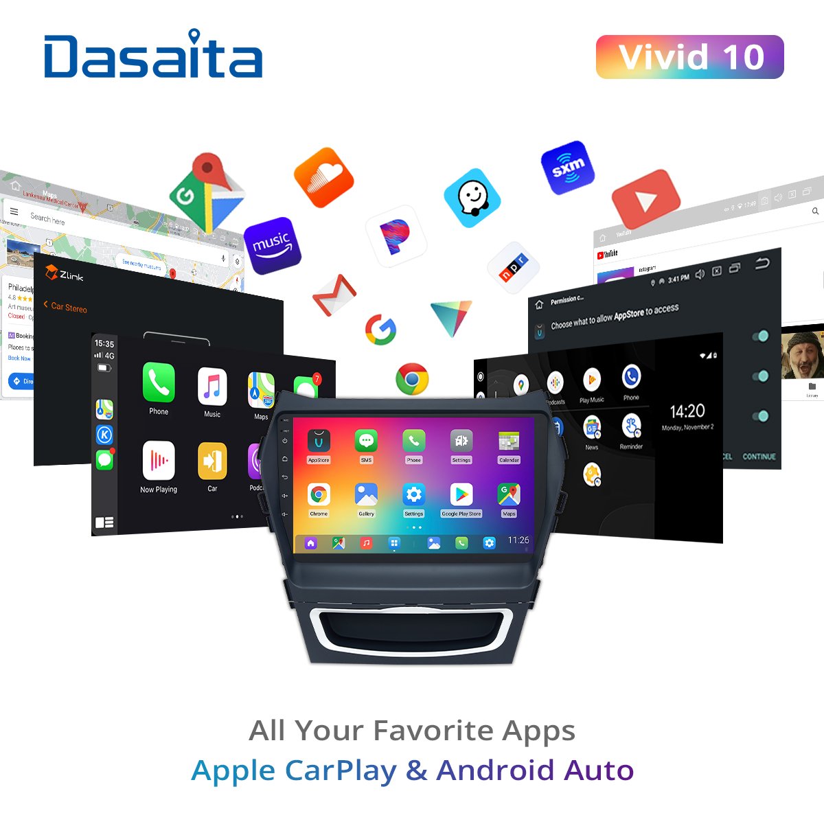 Dasaita Vivid10 for Hyundai GPS IX45 2013 2014 2015 Car Radio Stereo 9“ IPS 1 Din Android10 Multi-Touch Screen Multimedia Navigation