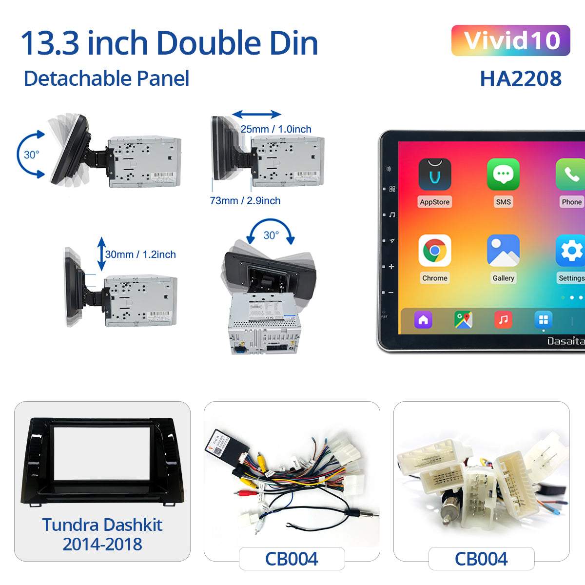 Dasaita Vivid11 Universal Double Din Car Stereo 13.3Inch Carplay Android Auto PX6 4G+64G Android11 1920*1080 DSP AHD Radio