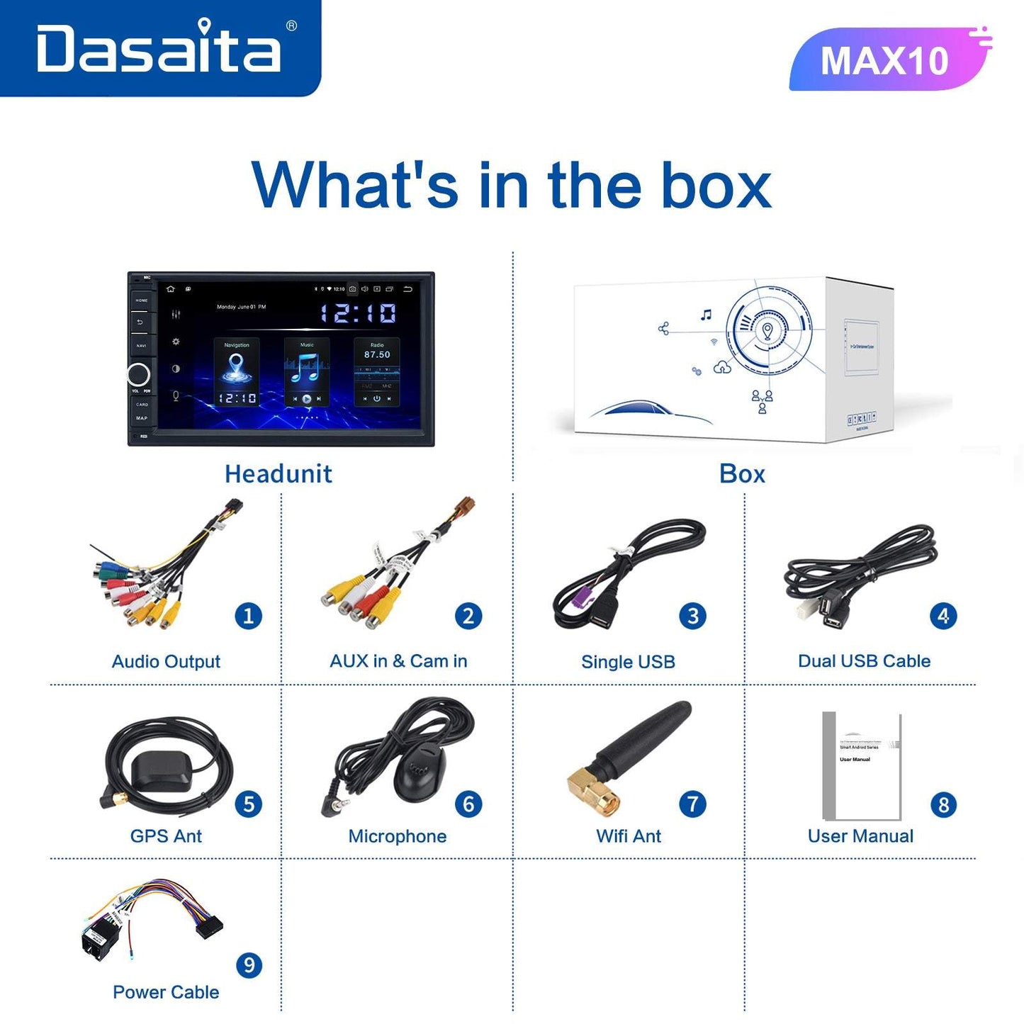 Dasaita MAX11 Universal Double Din Car Stereo 7 Inch Carplay Android Auto PX6 4G+64G Android11 1024*600 DSP AHD Radio