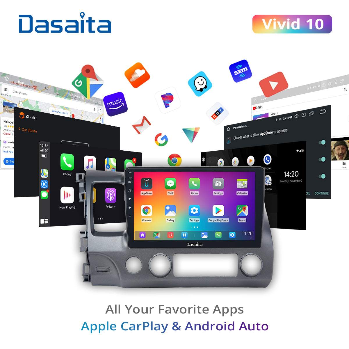 Dasaita Vivid10 Honda Civic 2007 2008 2009 2010 2011 Car Stereo 10.2 Inch Carplay Android Auto PX6 4G+64G Android10 1280*720 DSP AHD Radio
