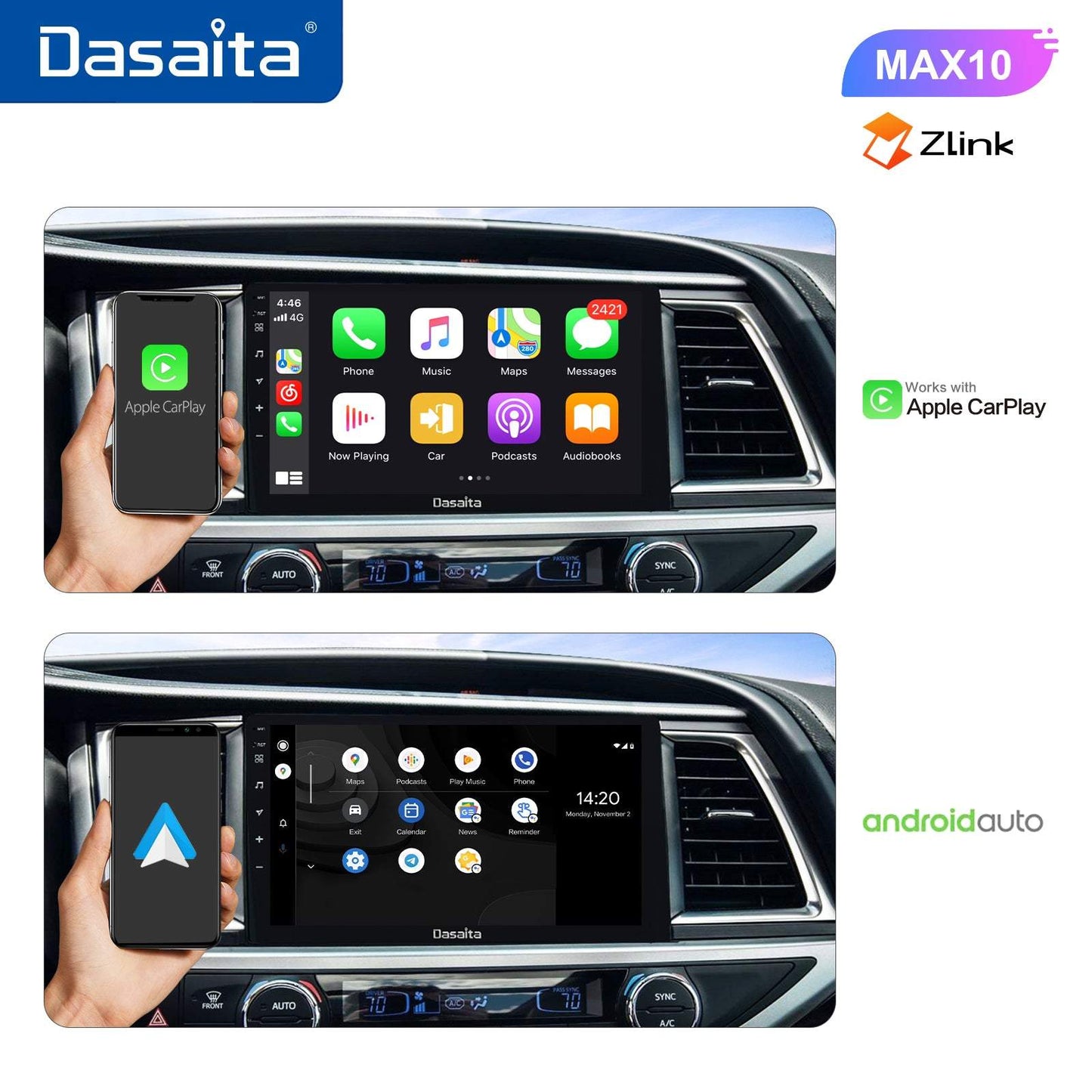 Dasaita MAX10 Toyota Highlander 2015 2016 2017 2018 Car Stereo 10.2 Inch Carplay Android Auto PX6 4G+64G Android10 1280*720 DSP AHD Radio