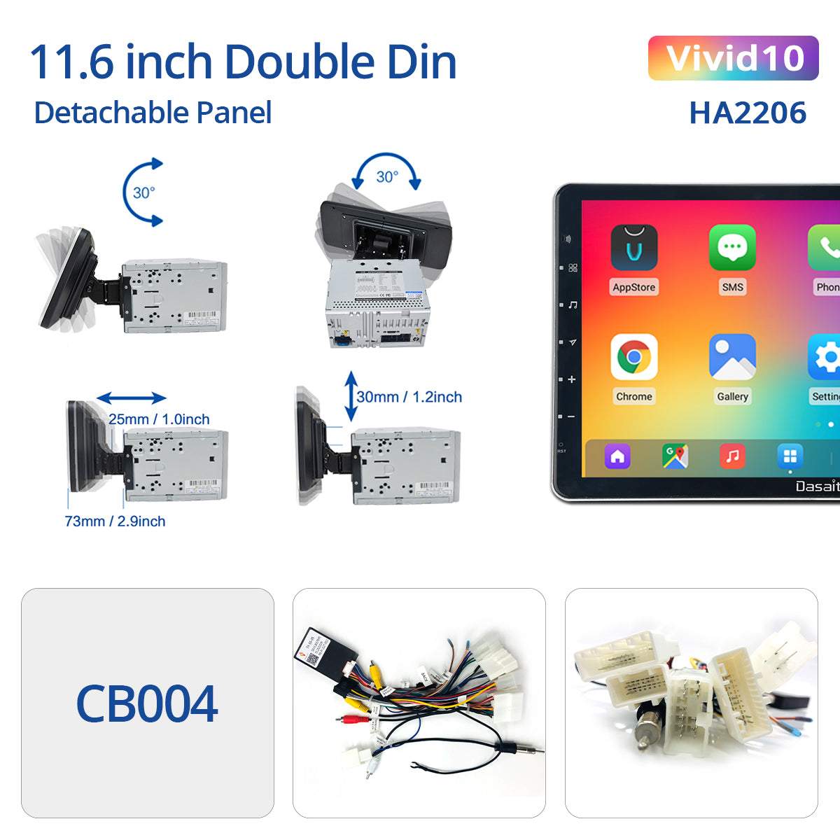 Dasaita Vivid10 Universal Double Din Car Stereo 11.6 Inch Carplay Android Auto PX6 4G+64G Android10 1920*1080 DSP AHD Radio