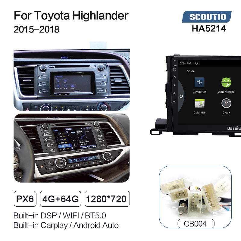 Dasaita Scout10 Toyota highlander 2015 2016 2017 2018 Car Stereo 10.2 Inch Carplay Android Auto PX6 4G+64G Android10 1280*720 DSP AHD Radio