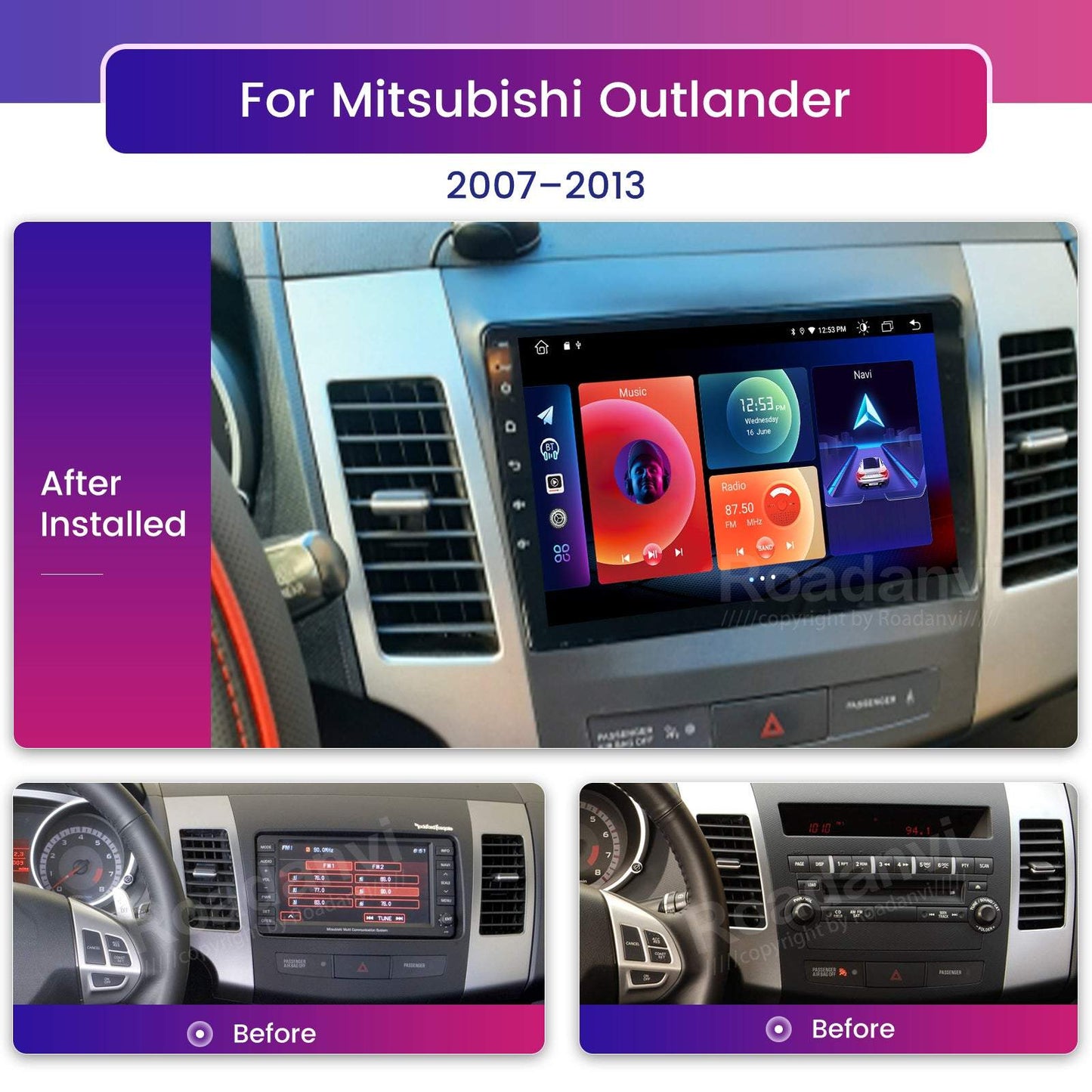Roadanvi F10 for Mitsubishi Outlander 2007 2008 2009 2010 2011 2012 2013 Car GPS Navigation AI Voice Control Apple Carplay Android Auto 8G 128G DSP Stereo