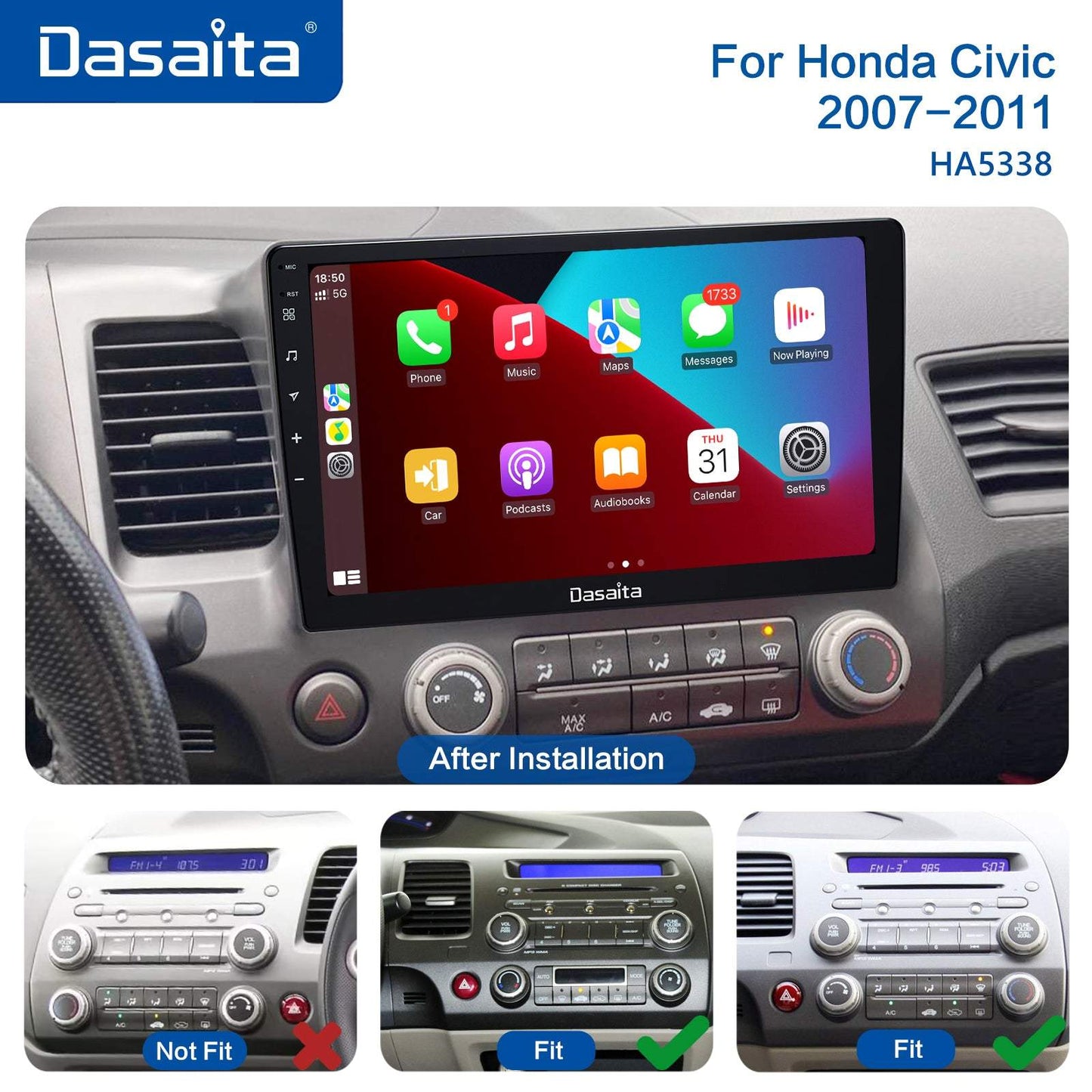 Dasaita Vivid10 Honda Civic 2007 2008 2009 2010 2011 Car Stereo 10.2 Inch Carplay Android Auto PX6 4G+64G Android10 1280*720 DSP AHD Radio