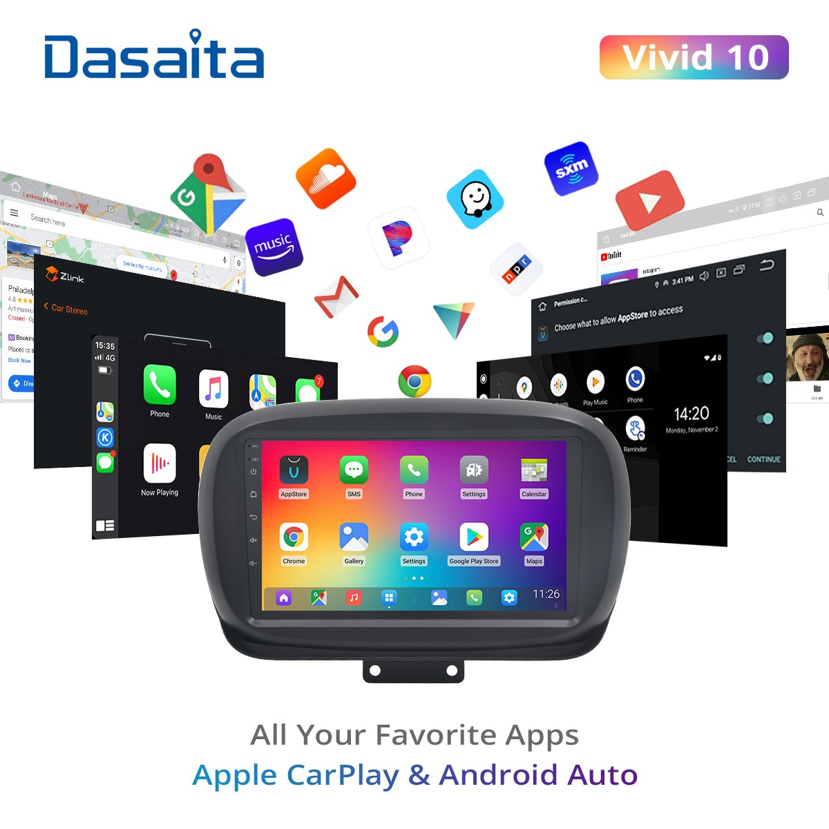 Dasaita Vivid For Fiat 500X 2014 2015 2016 2017 2018 2019 Apple Carplay Android Auto Navigation GPS 1280*720 IPS 4G RAM 64G ROM