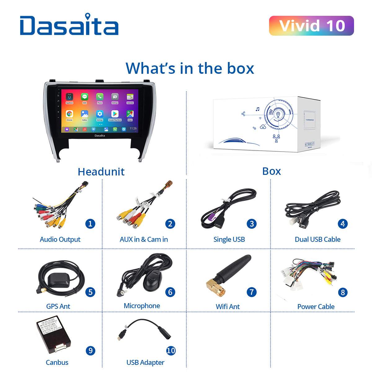 Dasaita Vivid11 Toyota Camry 2015 2016 2017 Car Stereo 10.2 Inch Carplay Android Auto PX6 4G+64G Android11 1280*720 DSP AHD Radio