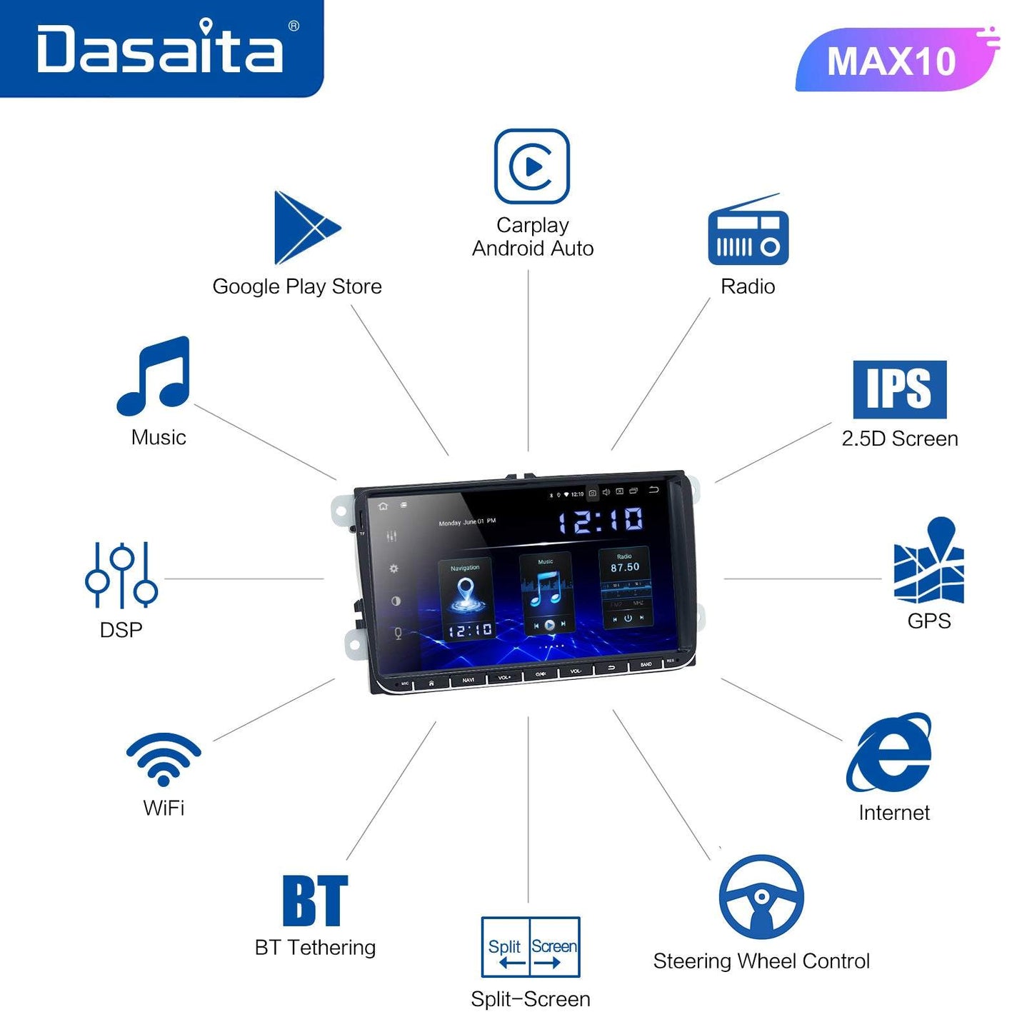 Dasaita (Outlets) MAX10 VW Universal Polo Golf Eos/Skoda 2006-2016 Car Stereo 9" Carplay Android Auto PX6 4G+64G Android10 1280*720 DSP Radio