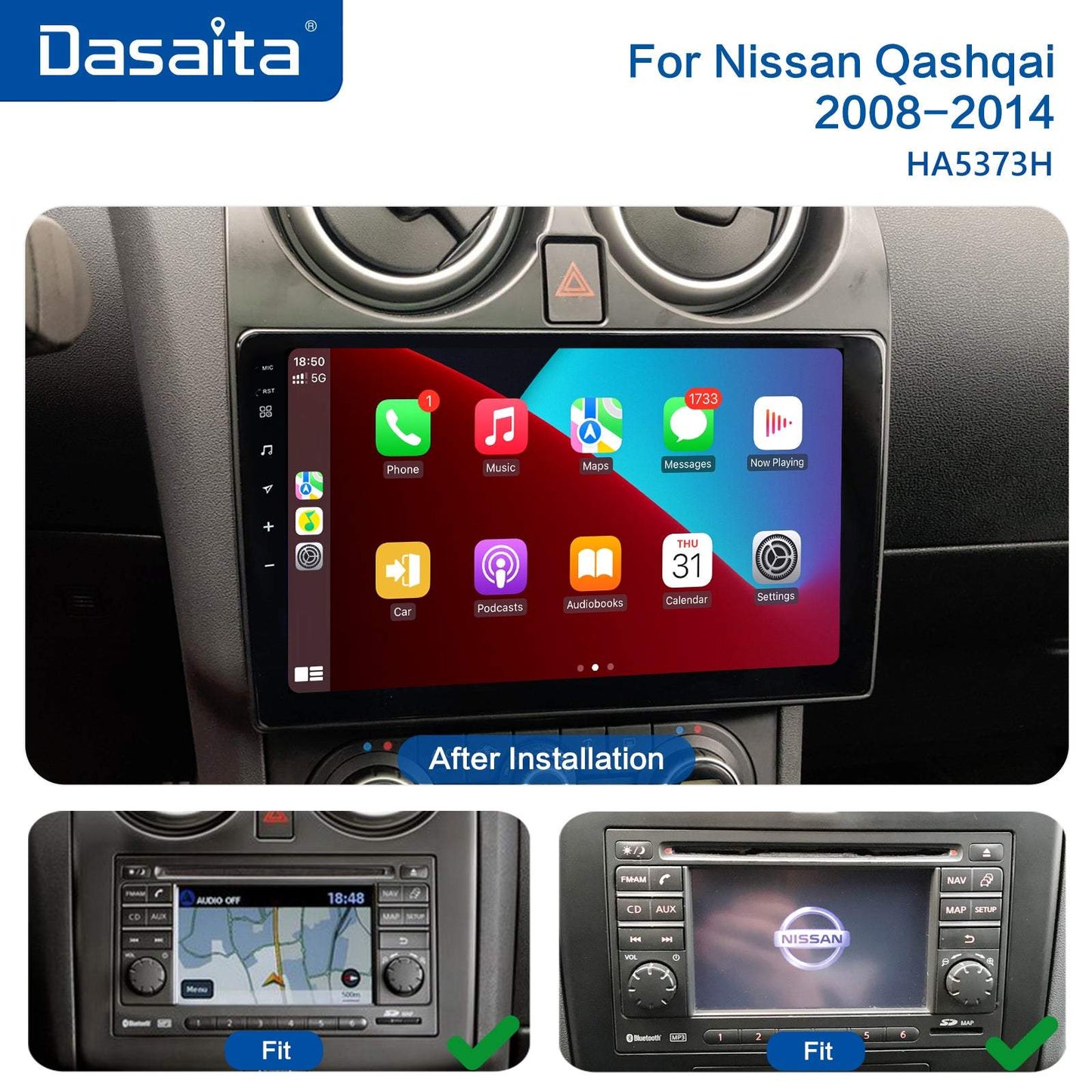 Dasaita Vivid11 Nissan Qashqai 2008 2009 2010 2011 2012 2013 2014 Car Stereo 9 Inch Carplay Android Auto PX6 4G+64G Android11 1280*720 DSP AHD Radio