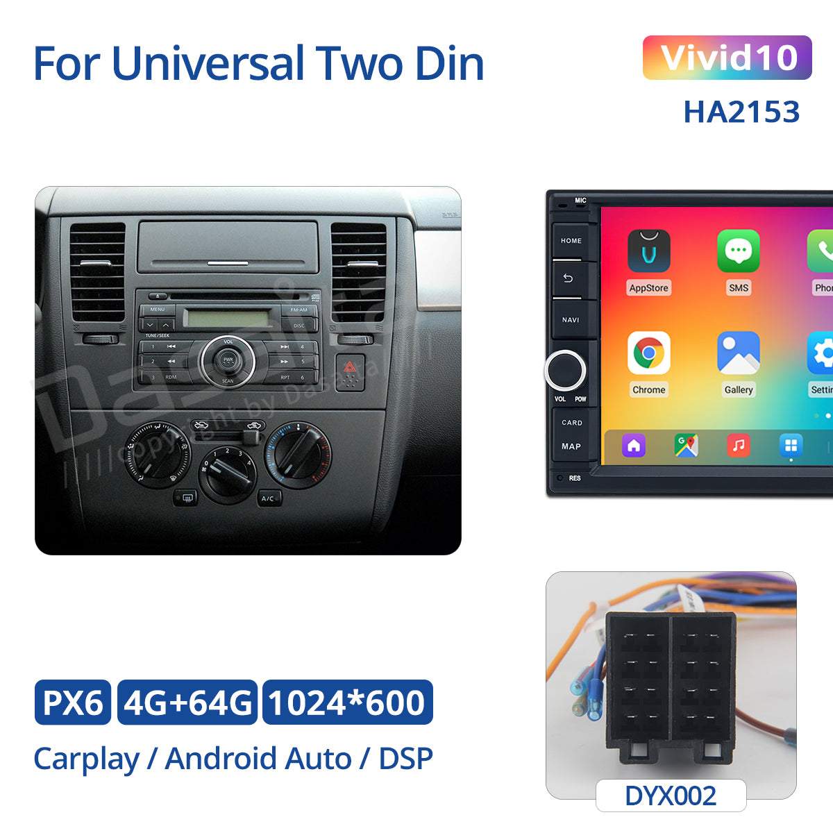Dasaita Vivid11 Universal Double Din Car Stereo 7 Inch Carplay Android Auto PX6 4G+64G Android11 1024*600 DSP AHD Radio