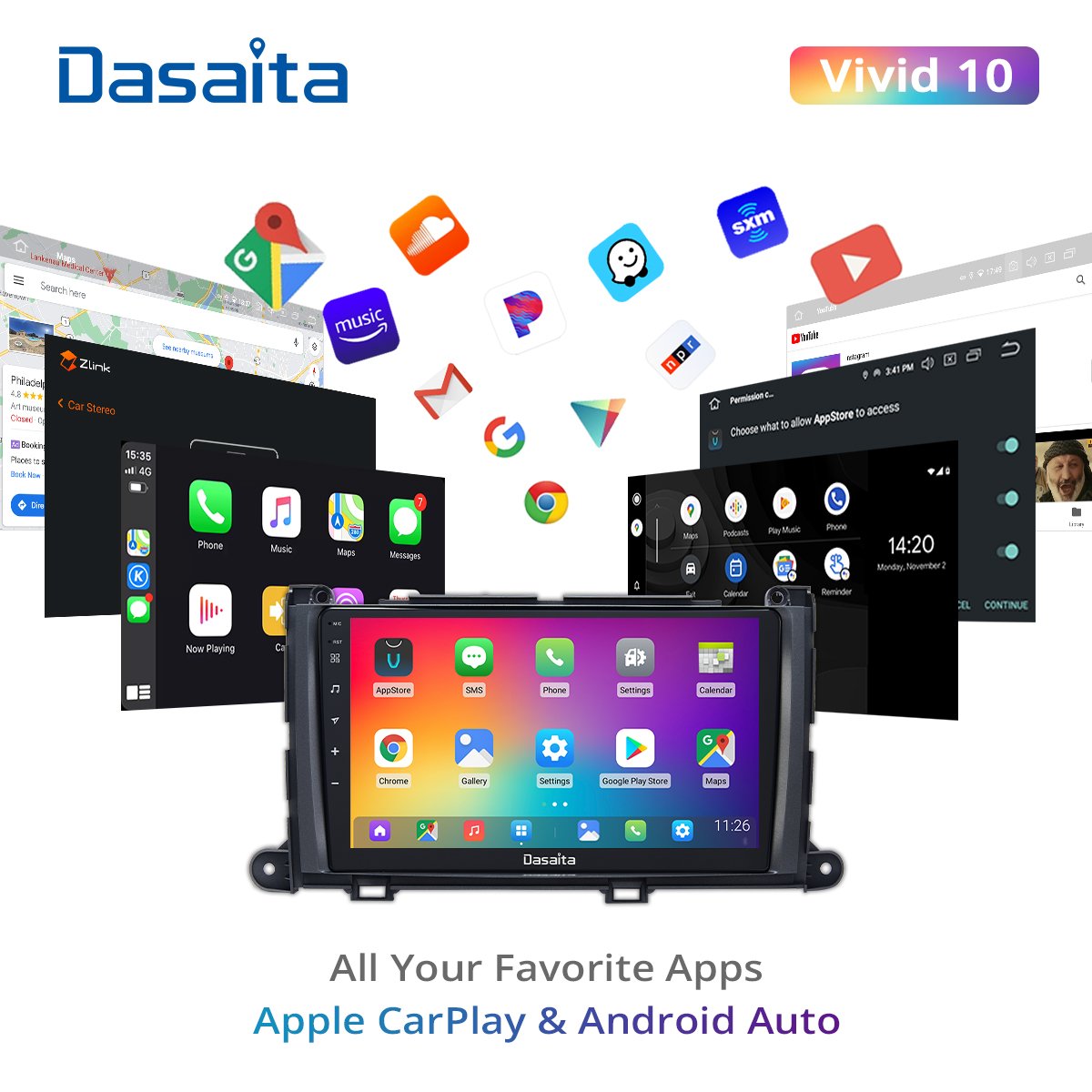 Dasaita Vivid For Toyota Sienna 2011 2012 2013 2014 Car stereo Android Carplay Android Auto 9" Touch Screen IPS 1280*720 4G 64G