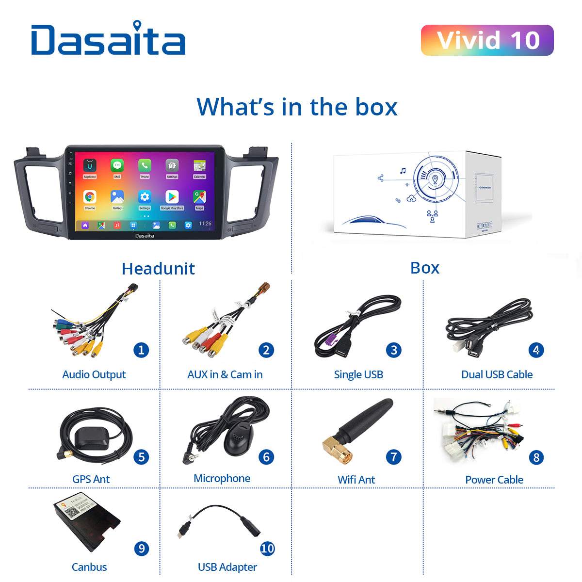 Dasaita Vivid10 Toyota RAV4 2012 2013 2014 2015 2016 2017 Car Stereo 10.2 Inch Carplay Android Auto PX6 4G+64G Android10 1280*720 DSP AHD Radio