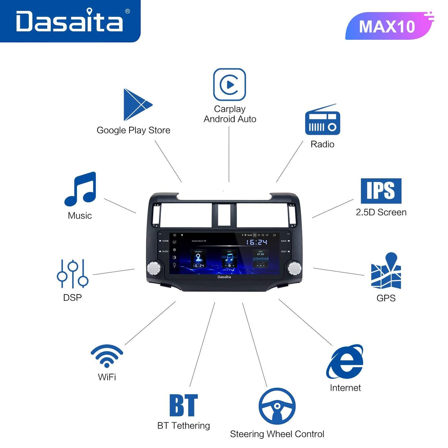 Dasaita MAX11 Toyota 4Runner 2014 2015 2016 2017 2018 Car Stereo 10.25 Inch Carplay Android Auto PX6 4G+64G Android11 1280*480 DSP AHD Radio
