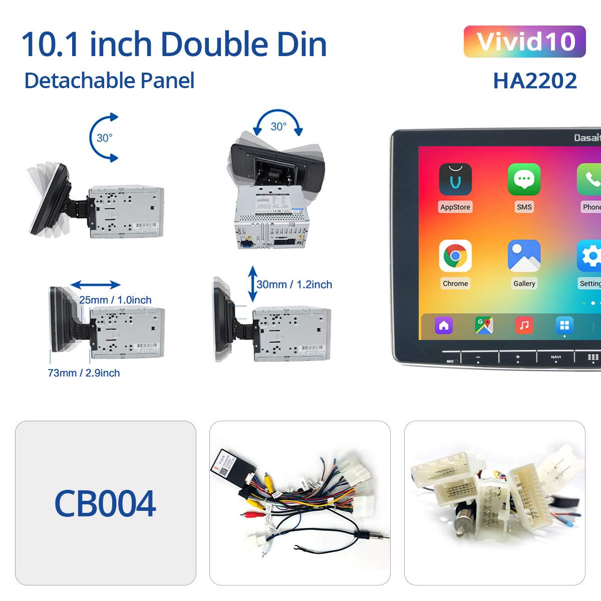 Dasaita Vivid11 Universal Double Din Car Stereo 10.2 Inch Carplay Android Auto PX6 4G+64G Android11 1280*720 DSP AHD Radio