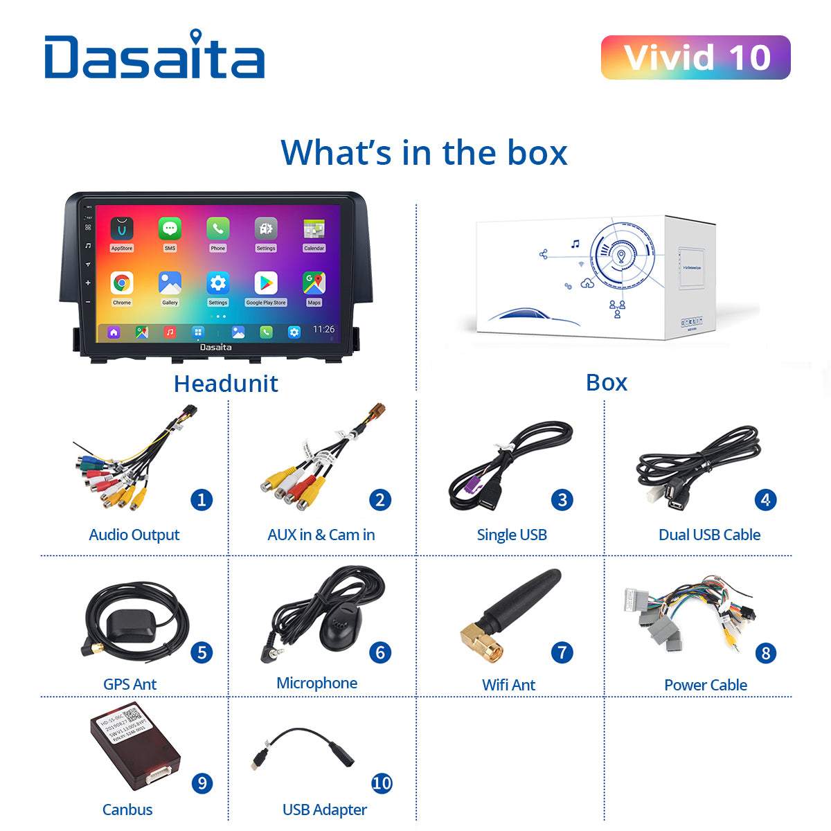 Dasaita Vivid10 Honda Civic 2015 2016 2017 Car Stereo 9 Inch Carplay Android Auto PX6 4G+64G Android10 1280*720 DSP AHD Radio