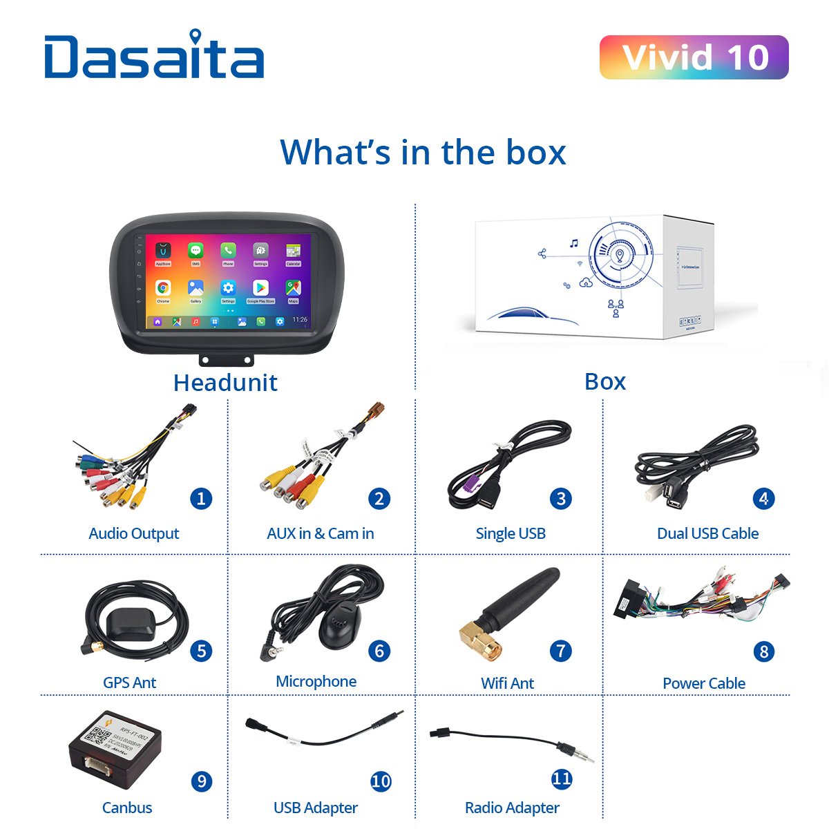 Dasaita Vivid For Fiat 500X 2014 2015 2016 2017 2018 2019 Apple Carplay Android Auto Navigation GPS 1280*720 IPS 4G RAM 64G ROM