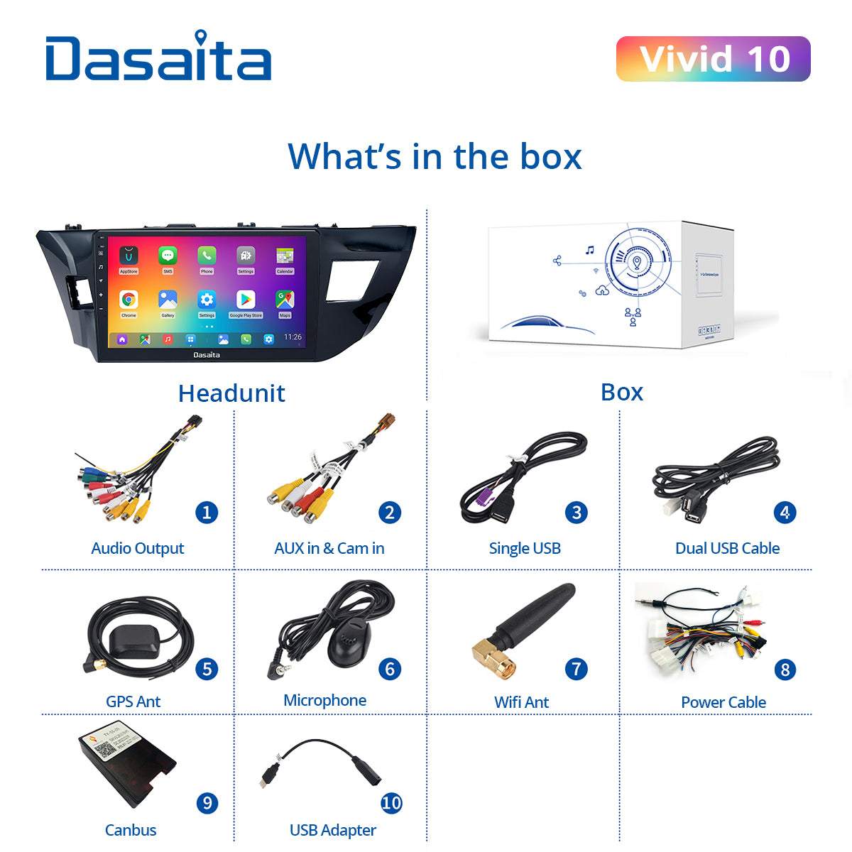 Dasaita Vivid11 Toyota Corolla 2014 2015 2016 Car Stereo 10.2Inch Carplay Android Auto PX6 4G+64G Android11 1280*720 DSP AHD Radio