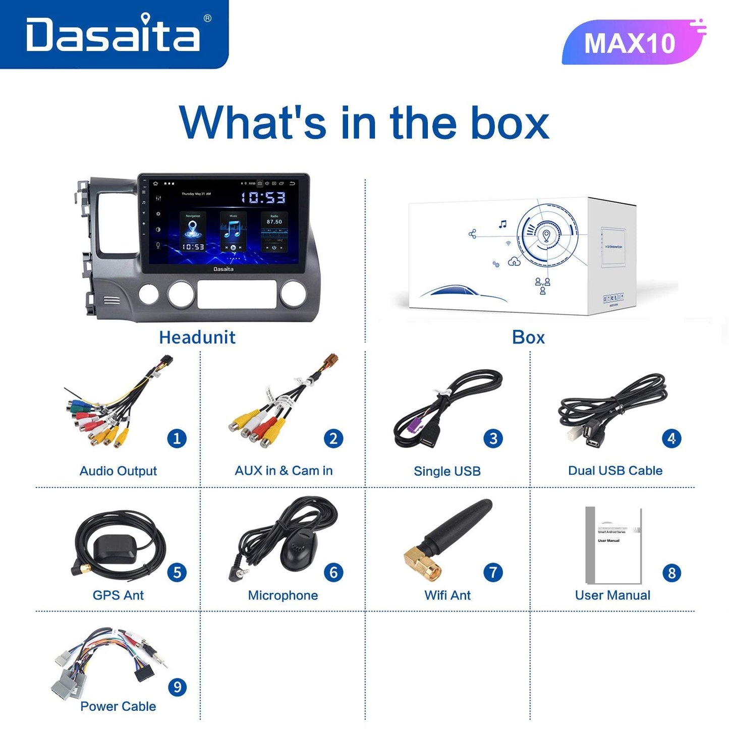 Dasaita MAX11 Honda Civic 2007 2008 2009 2010 2011 Car Stereo 10.2 Inch Carplay Android Auto PX6 4G+64G Android11 1280*720 DSP AHD Radio