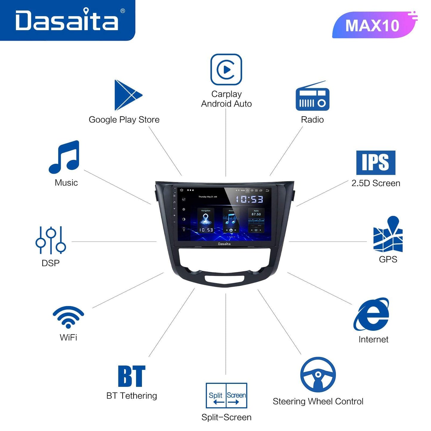 Dasaita MAX11 Nissan X-Trail Qashqai 2014 2015 2016 2017 2018 2019 2020 Car Stereo 10.2 Inch Carplay Android Auto 4G+64G Android11 1280*720 DSP Radio