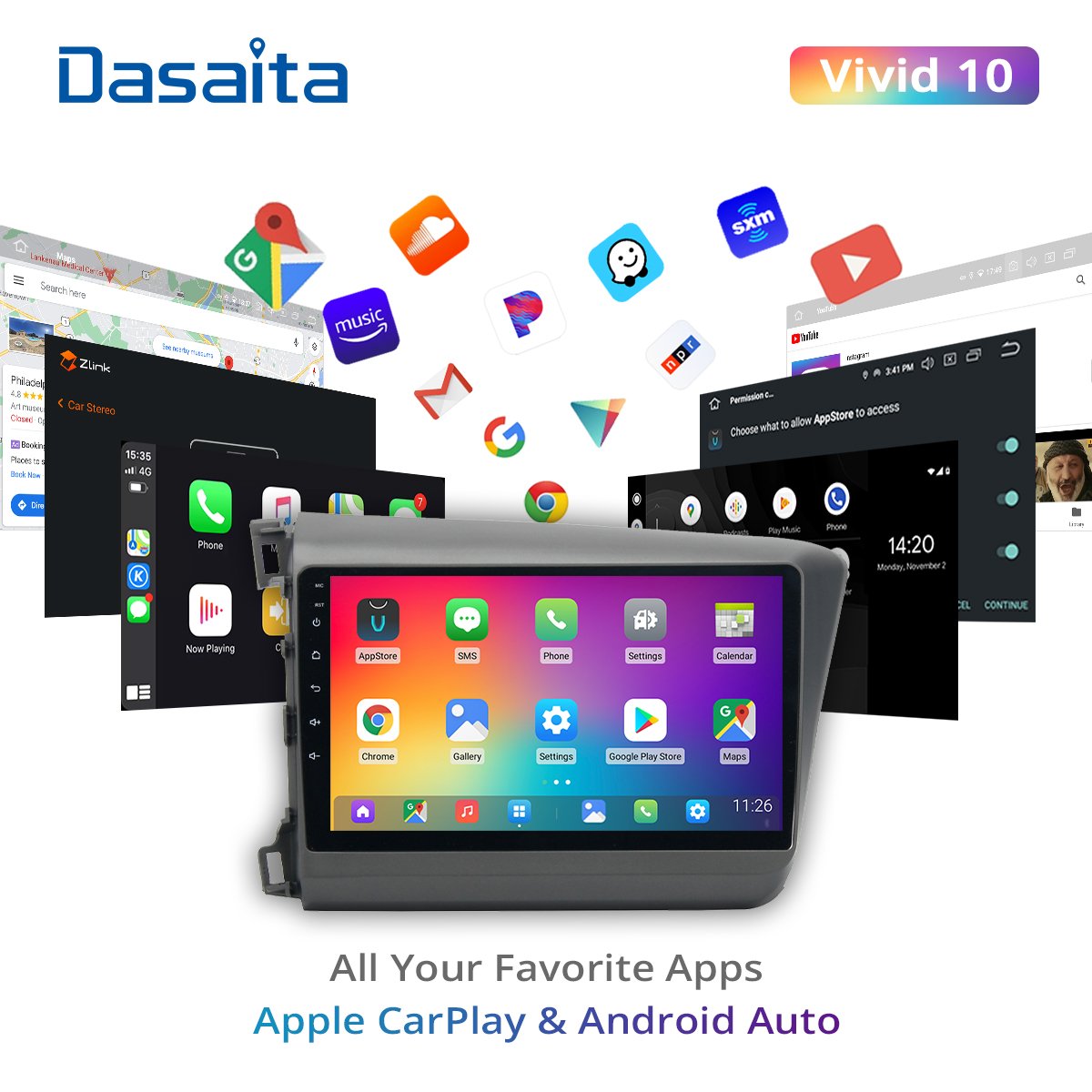 Dasaita Vivid for Honda Civic GPS 2012 2013 2014 Car Multimedia Player 1 Din 9" IPS Android 10.0 Radio Navigation Autoradio