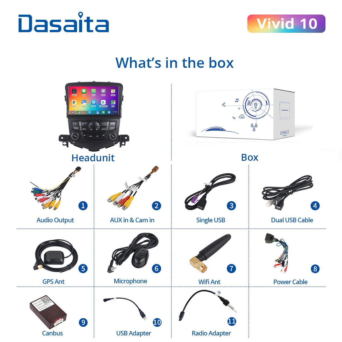 Dasaita Vivid for Chevrolet Cruze 2008 2009 2010 2011 Car 2 Din Android 10.0 Auto Radio 8" Multi Touch Screen Navigation TDA7850