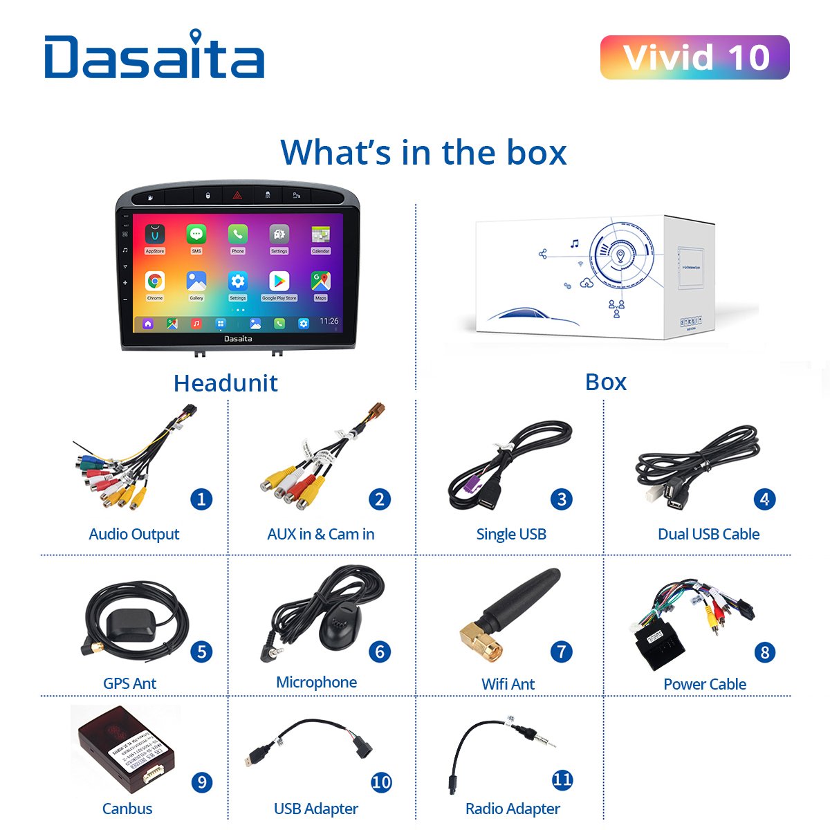 Dasaita Vivid For Peugeot 408 308 308SW 2012-2020 Car stereo 1 din 9" IPS Receiver Android Apple Carplay Android Auto 4G 64G