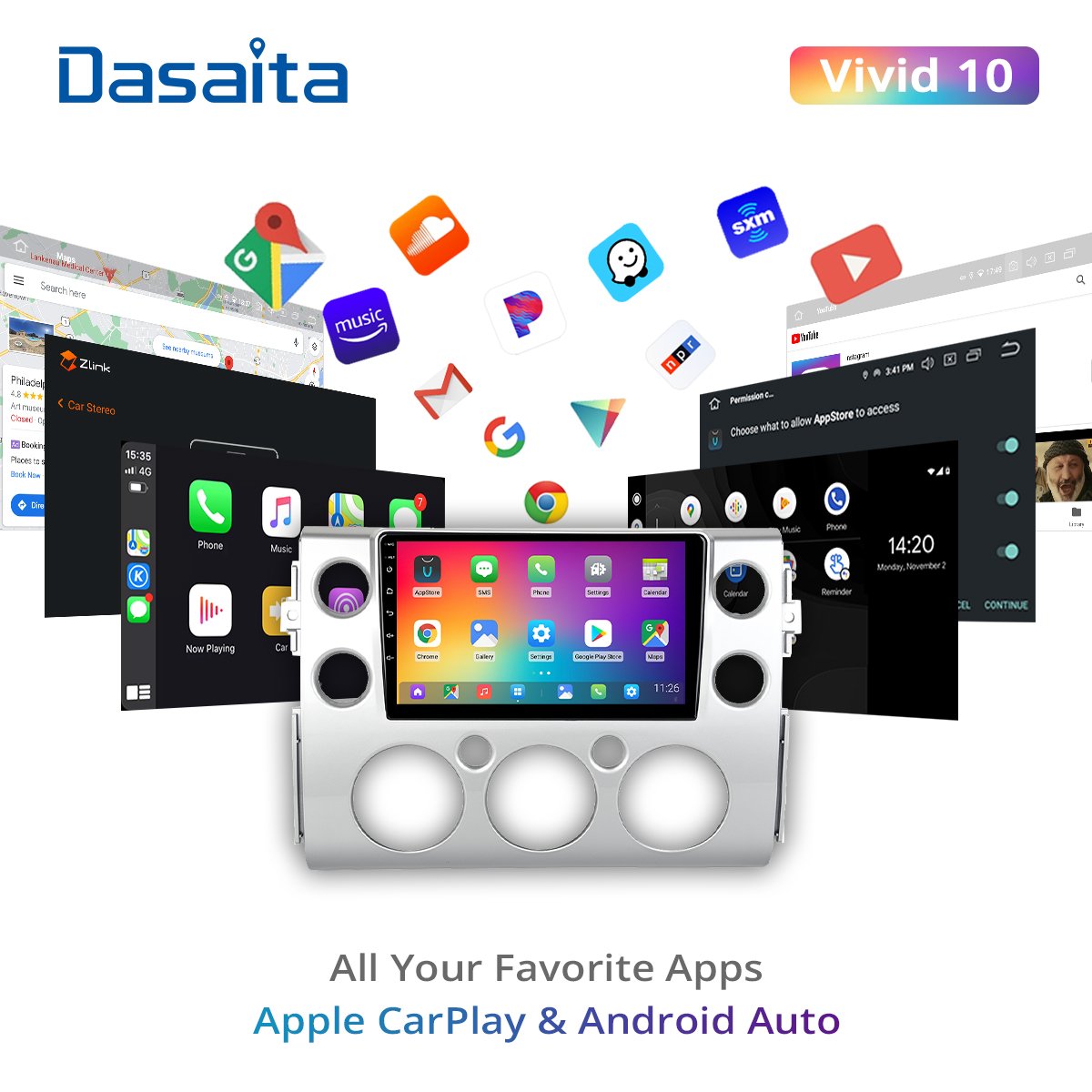 Dasaita Vivid for Toyota FJ Cruiser GPS 2007 2010 2011 2012 2015 2016 Android 10.0 Car Radio Navigation TDA7850 Carplay 1280*720