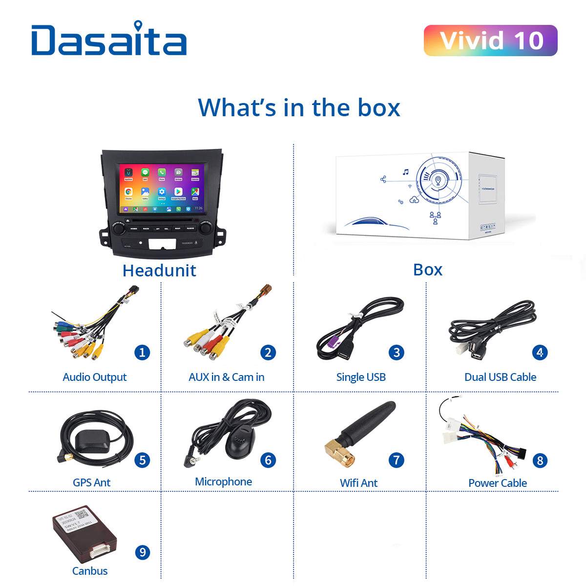 Dasaita Vivid10 For Mitsubishi Outlander 2007 2008 2009 2010 2011 2012 2013 Car Stereo Apple Carplay Android Auto Touch Screen 4G+64G DSP Radio