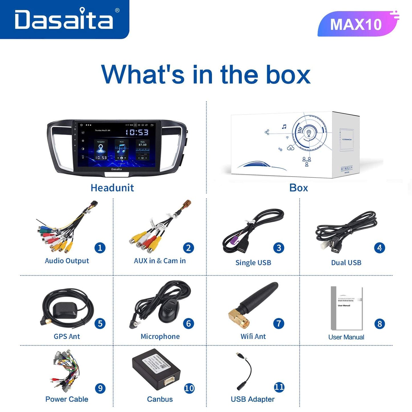 Dasaita MAX11 Honda Accord 2013 2014 2015 2016 2017 Car Stereo 10.2 Inch Carplay Android Auto PX6 4G+64G Android11 1280*720 DSP AHD Radio