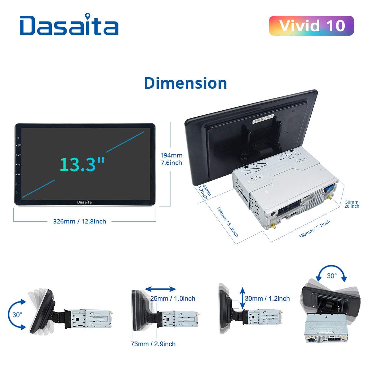 Dasaita Vivid11 Universal Single Din Car Stereo 13.3 Inch Carplay Android Auto PX6 4G+64G Android11 1920*1080 DSP AHD Radio