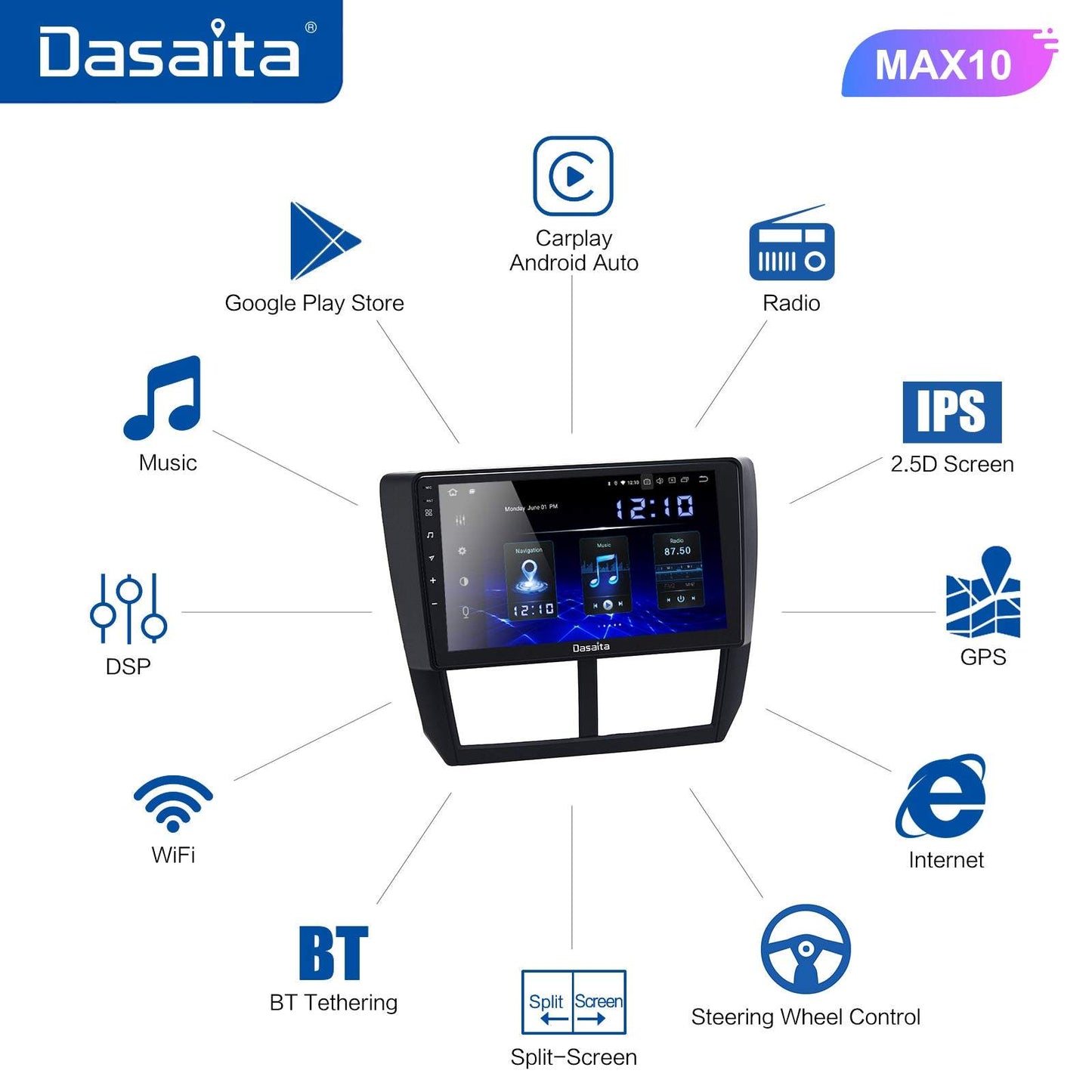 Dasaita MAX10 Subaru Forester 3 Impreza 2007 2008 2009 2010 2011 2012 Car Stereo 9 Inch Carplay Android Auto PX6 4G+64G Android10 1280*720 DSP Radio