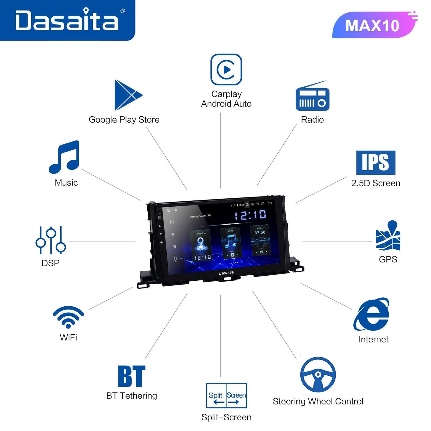 Dasaita MAX10 Toyota Highlander 2015 2016 2017 2018 Car Stereo 10.2 Inch Carplay Android Auto PX6 4G+64G Android10 1280*720 DSP AHD Radio