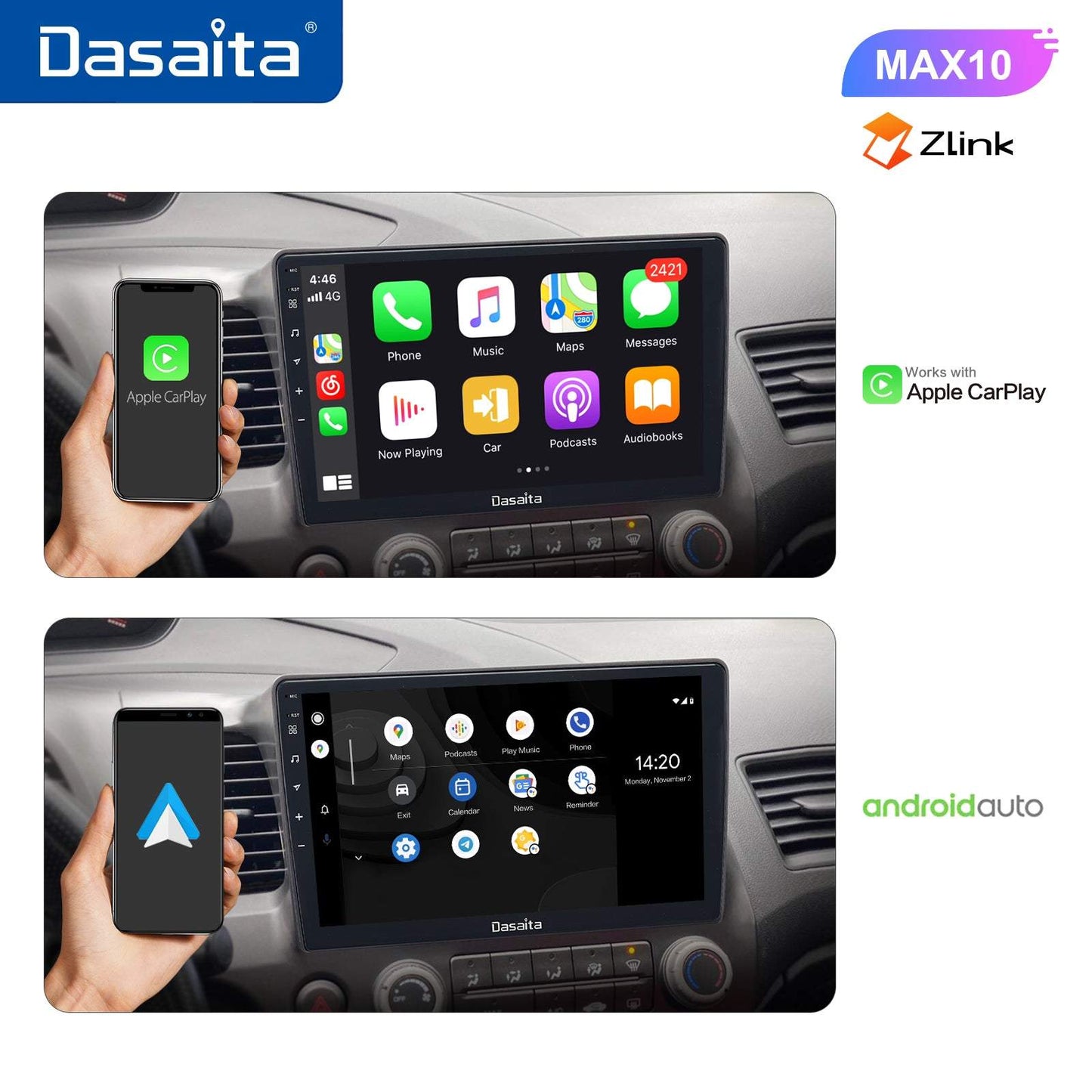 Dasaita MAX11 Honda Civic 2007 2008 2009 2010 2011 Car Stereo 10.2 Inch Carplay Android Auto PX6 4G+64G Android11 1280*720 DSP AHD Radio