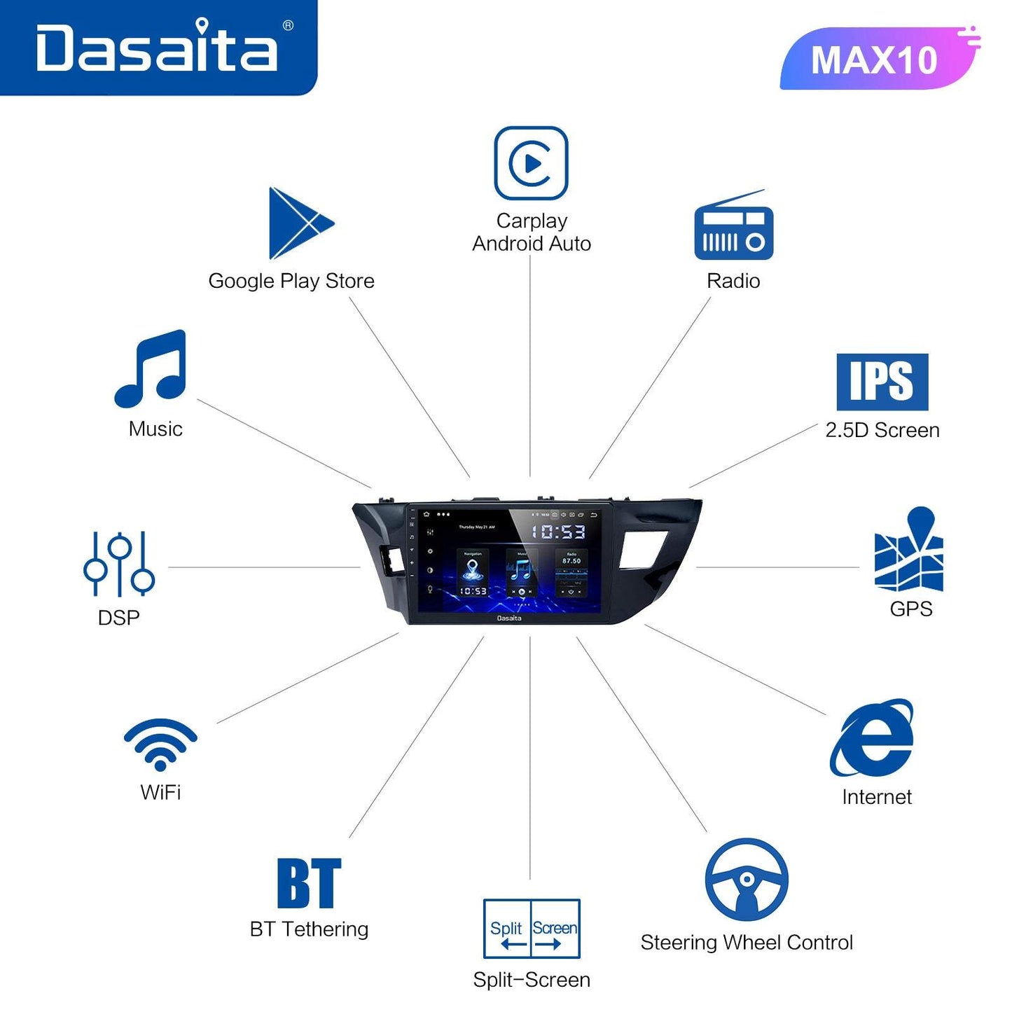 Dasaita MAX11 Toyota Corolla 2014 2015 2016 Car Stereo 10.2 Inch Carplay Android Auto PX6 4G+64G Android11 1280*720 DSP AHD Radio