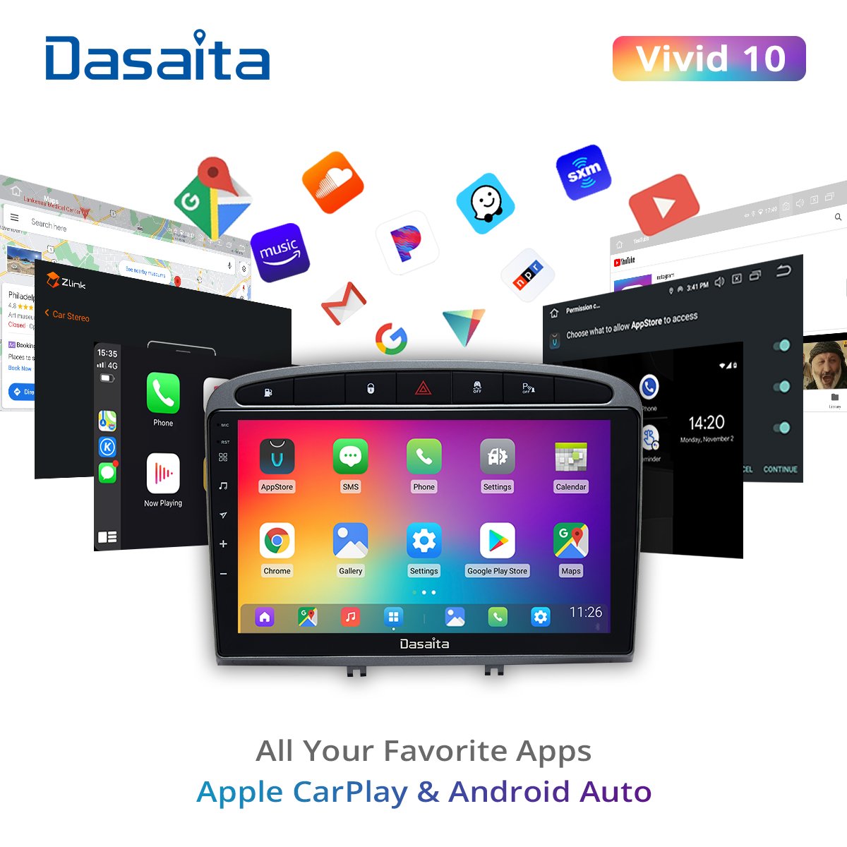 Dasaita Vivid For Peugeot 408 308 308SW 2012-2020 Car stereo 1 din 9" IPS Receiver Android Apple Carplay Android Auto 4G 64G