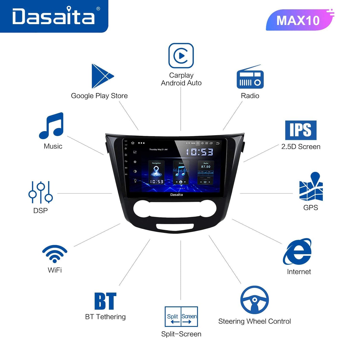 Dasaita MAX10 Nissan Qashqai 2014 2015 2016 2017 2018 Car Stereo 10.2 Inch Carplay Android Auto PX6 4G+64G Android10 1280*720 DSP AHD Radio