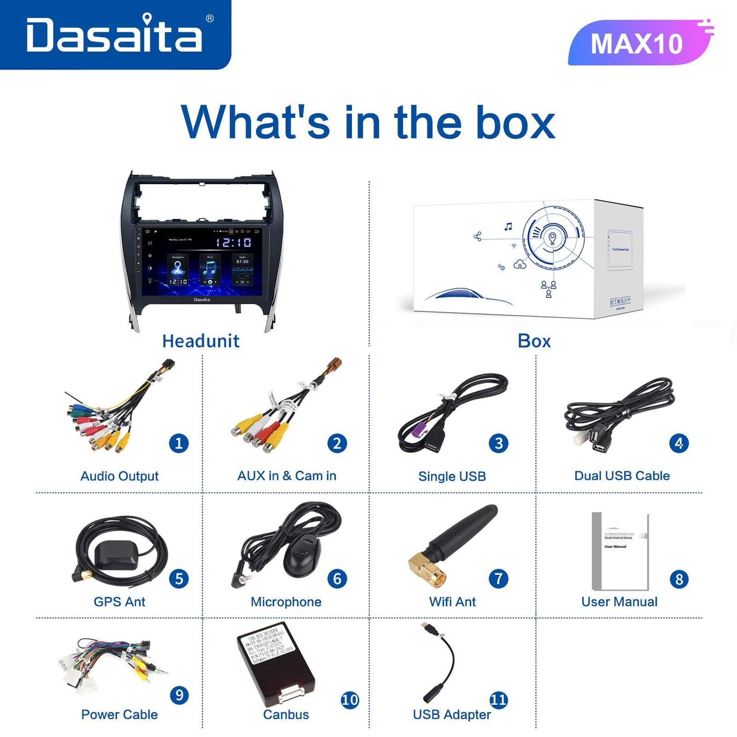 Dasaita MAX10 Toyota Camry 2012 2013 2014 Car Stereo 10.2 Inch Carplay Android Auto PX6 4G+64G Android10 1280*720 DSP AHD Radio