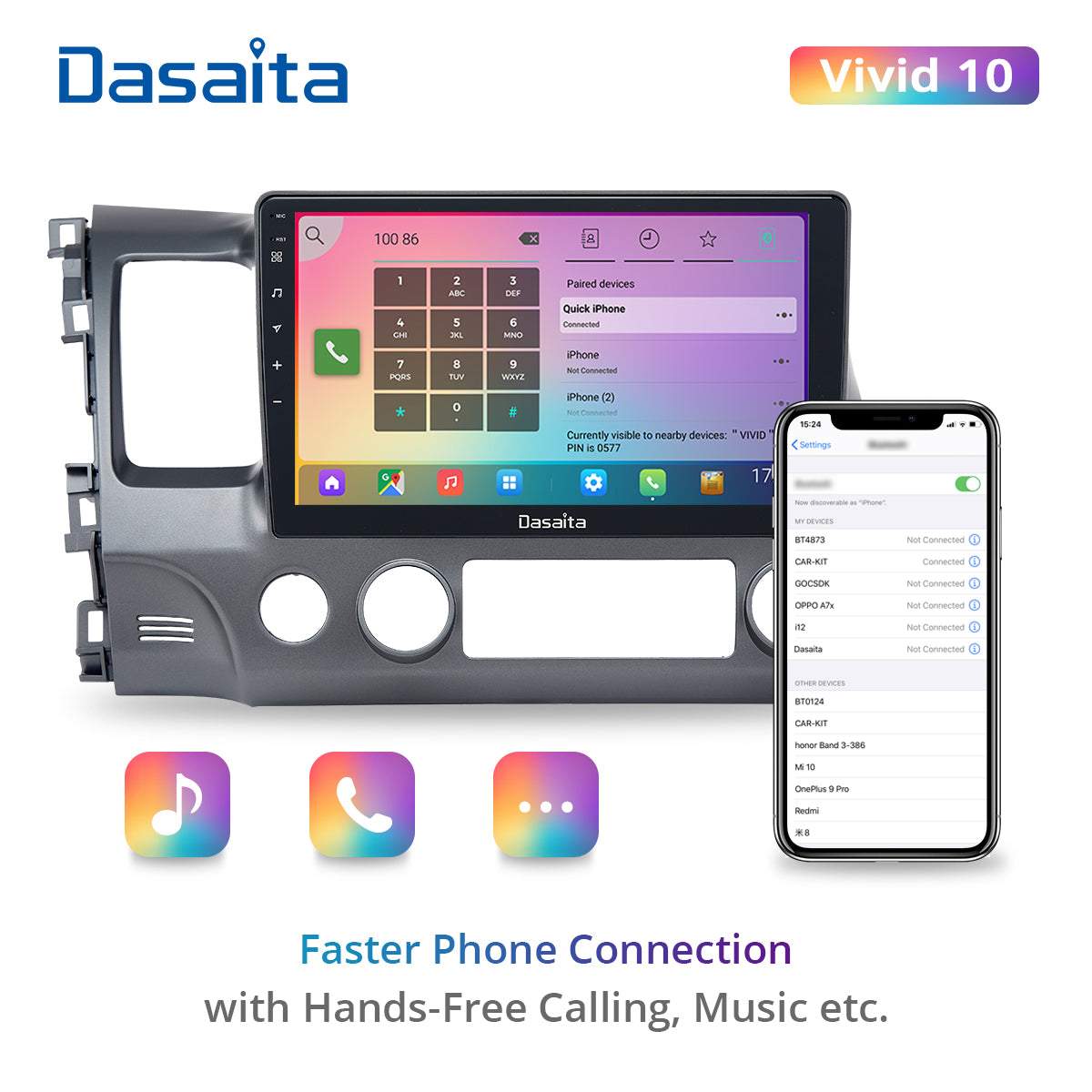 Dasaita Vivid10 Honda Civic 2007 2008 2009 2010 2011 Car Stereo 10.2 Inch Carplay Android Auto PX6 4G+64G Android10 1280*720 DSP AHD Radio