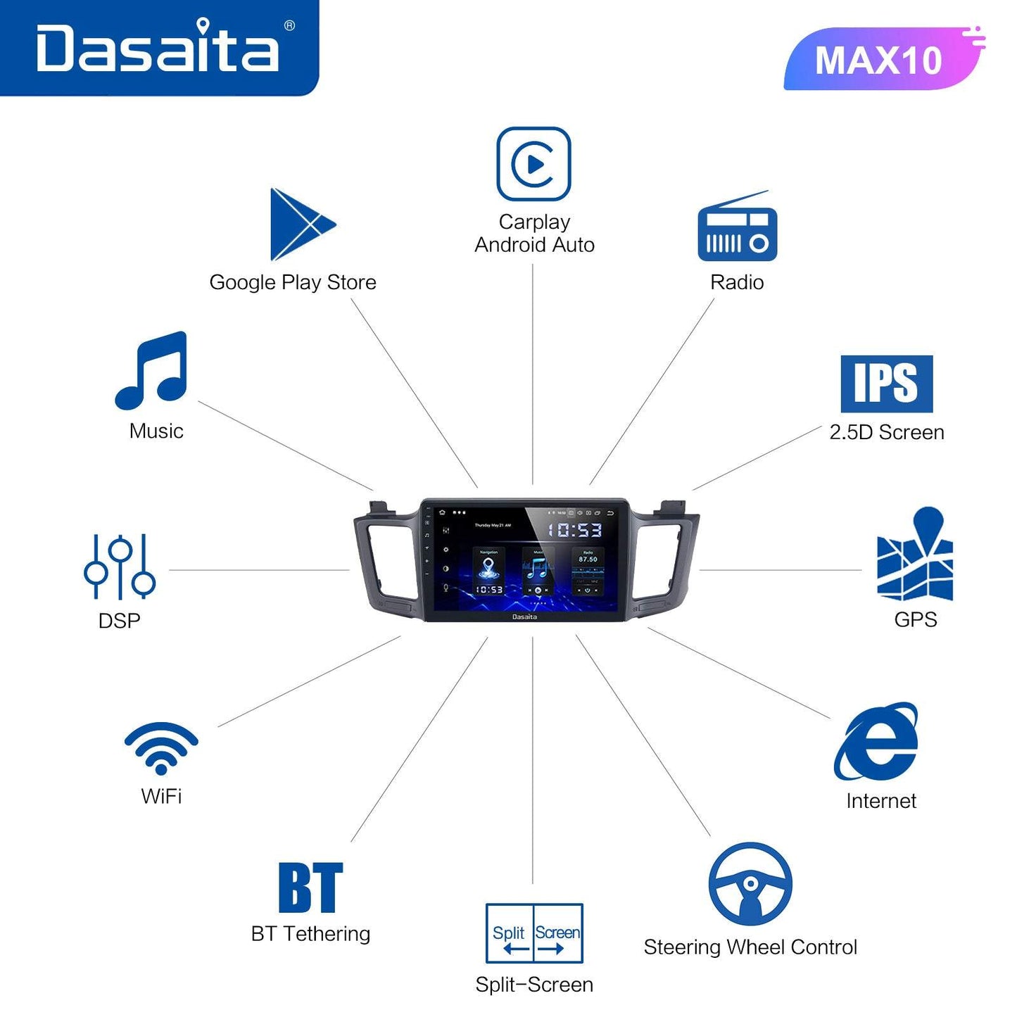 Dasaita MAX11 Toyota RAV4 2012 2013 2014 2015 2016 2017 Car Stereo 10.2 Inch Carplay Android Auto PX6 4G+64G Android11 1280*720 DSP AHD Radio