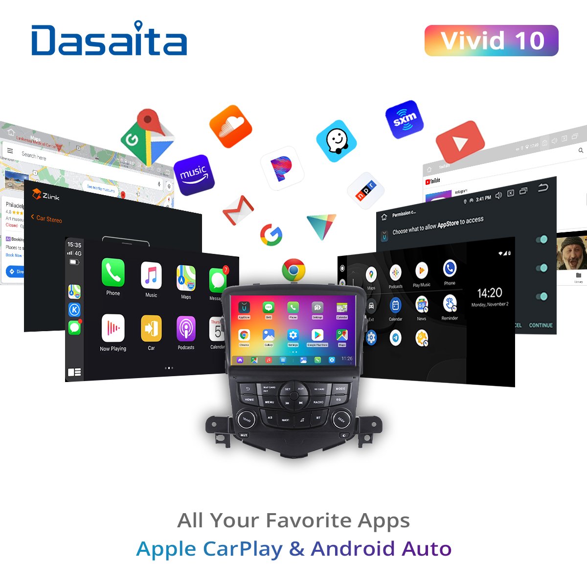 Dasaita Vivid for Chevrolet Cruze 2008 2009 2010 2011 Car 2 Din Android 10.0 Auto Radio 8" Multi Touch Screen Navigation TDA7850